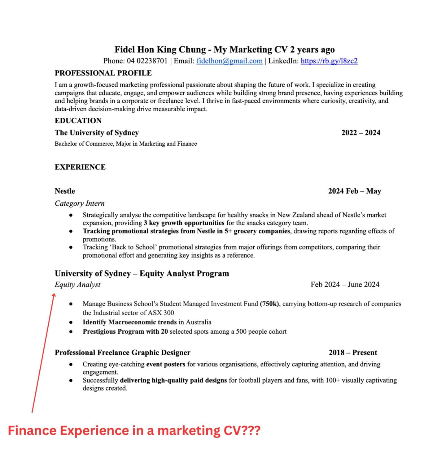 Example of a misaligned resume showing finance internship bullet points that do not connect to a marketing role